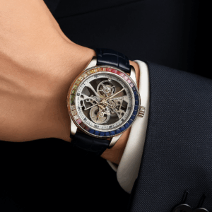 Multicolor Crystal and Leather Strap Skeleton Watch