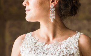 close up of beautiful woman wearing shiny diamond earrings