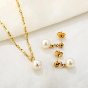 Pearl Drop Gold Earrings and Necklace Set