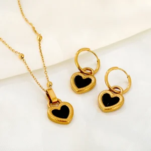 Black Heart Matching Necklace and Earrings Gold Jewelry Set