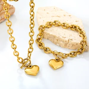 Gold Heart Chain Necklace and Bracelet Set