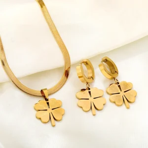 Good Luck Gold Clover Huggie Earrings and Necklace Set