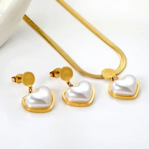 Pearl Heart Necklace and Earrings Jewelry Set