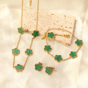 Green Clover Earrings, Necklace, and Bracelet Set