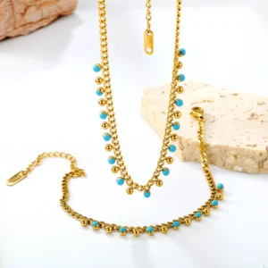 Gold Beaded Chain Necklace and Bracelet Set