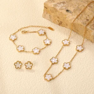 White Clover Earrings Necklace and Bracelet Set