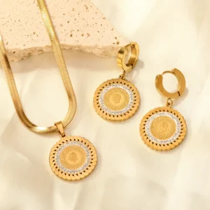 Gold Medallion Earrings and Necklace Set